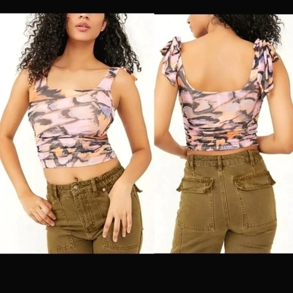 Free People Mesh Butterfly Print Ruched Tie Shoulder Crop Top Pink Orange Med.